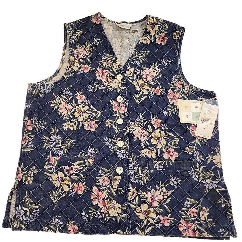 Susan Bristol Women's Summer Blues Linen Floral Sleeveless Vest Large Smokey Blu